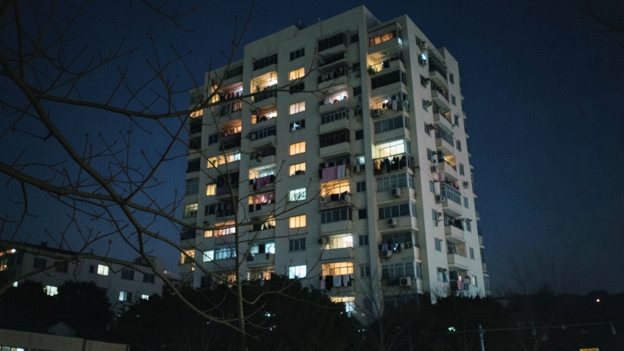 밤 아파트 고층 건물의 창문 불빛