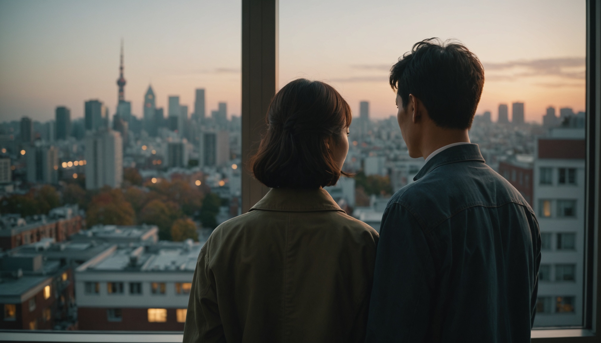 창밖 아파트 단지를 바라보는 30대 부부의 뒷모습