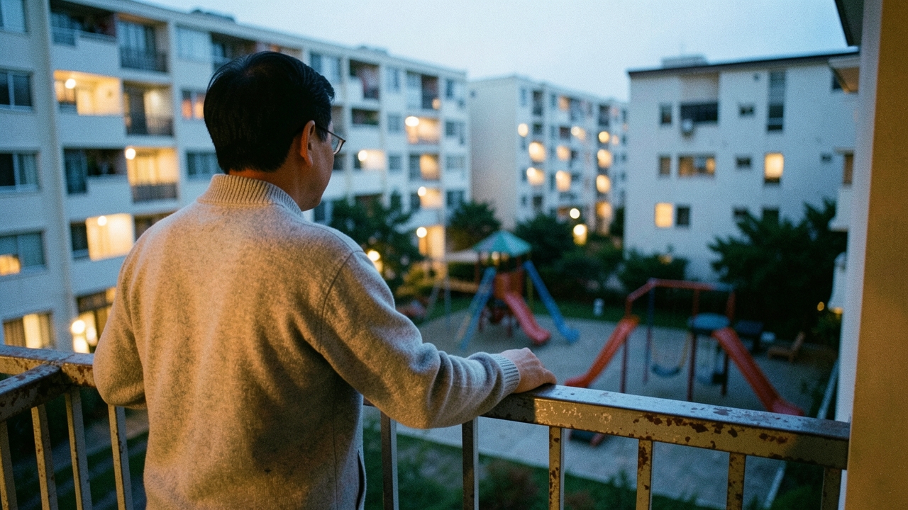 저녁 무렵 아파트 베란다에서 단지를 내려다보는 50대 남성의 뒷모습