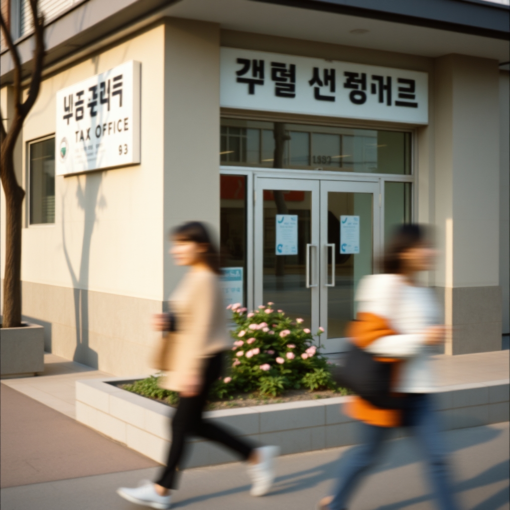 아침 무렵 세무서 형태의 공공건물 입구 외경