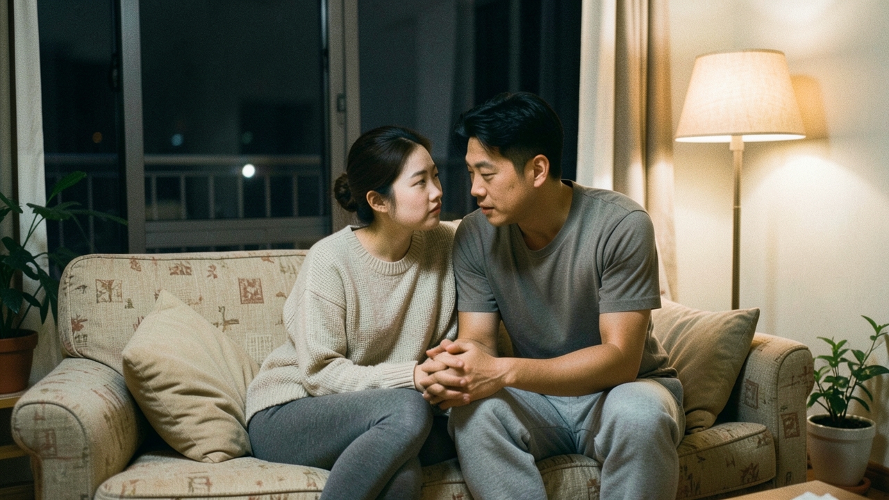 저녁 거실 소파에 앉아 이야기를 나누는 30대 부부