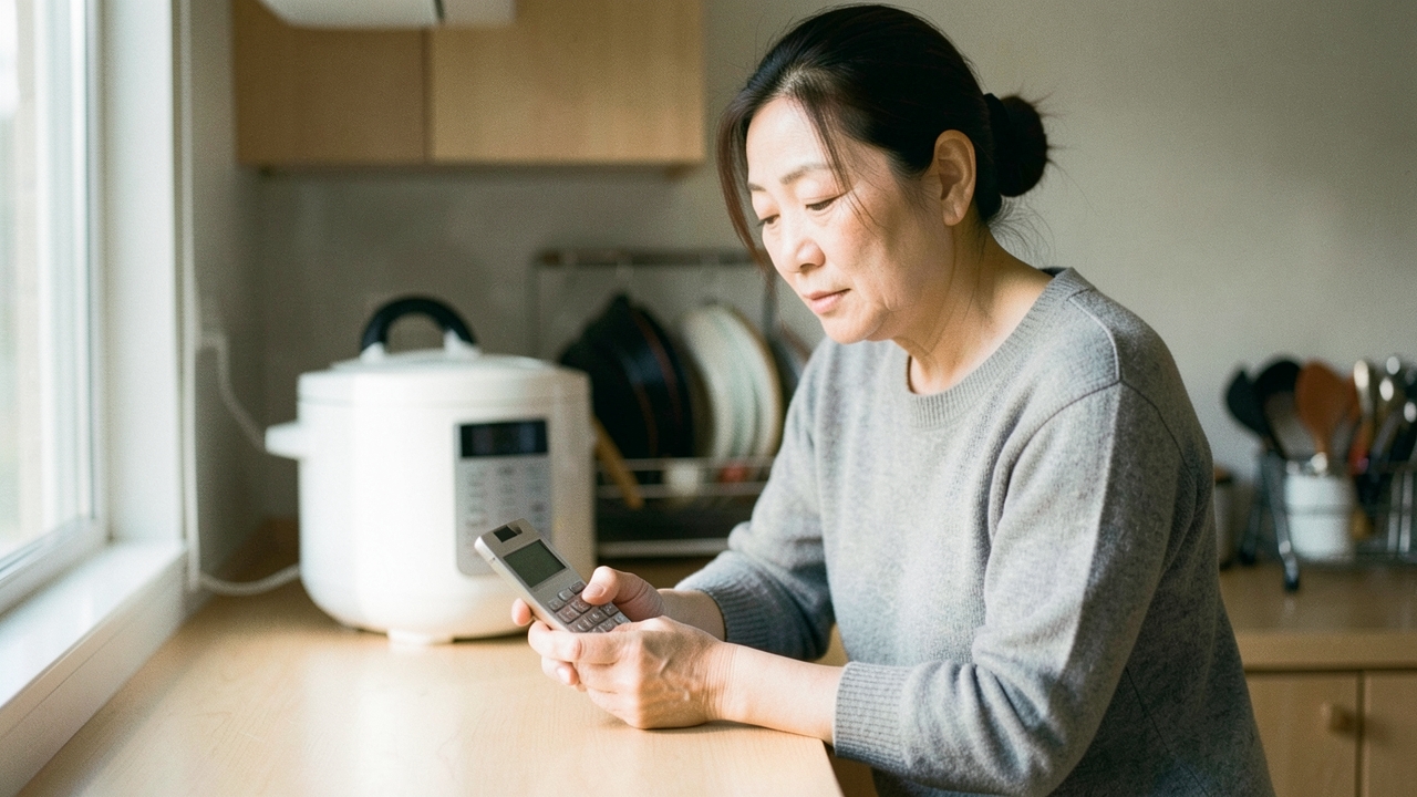 아파트 주방 조리대에 기대 작은 계산기를 들여다보는 50대 여성