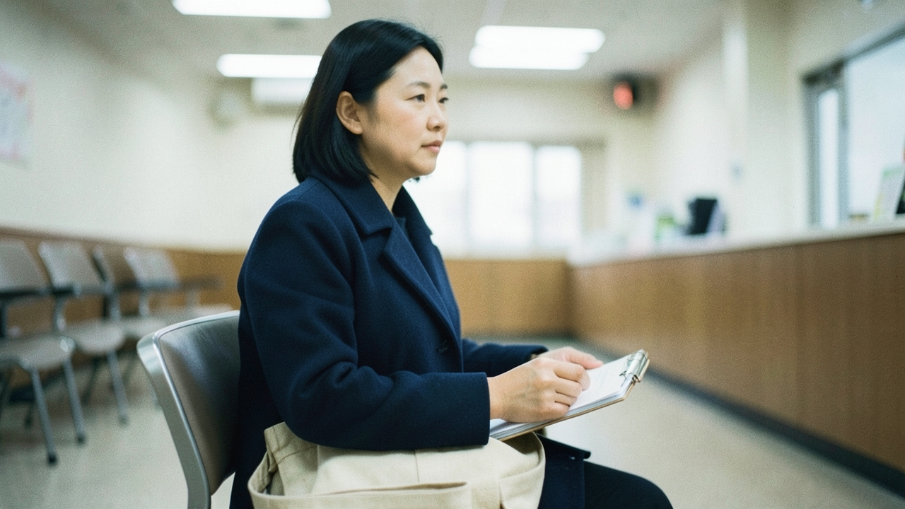 주민센터 대기 의자에 앉아 있는 30대 여성