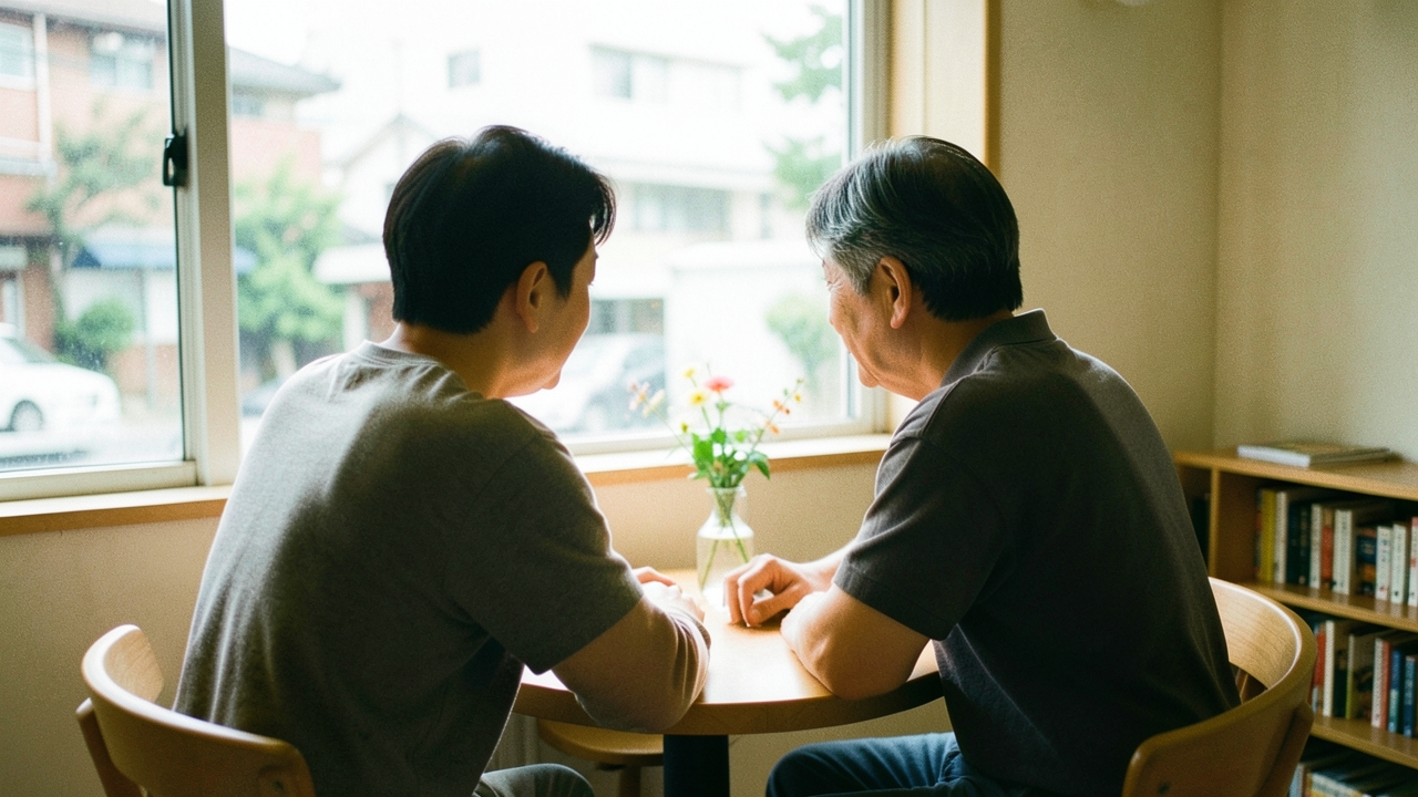 카페에서 마주 앉아 이야기하는 부부의 뒷모습