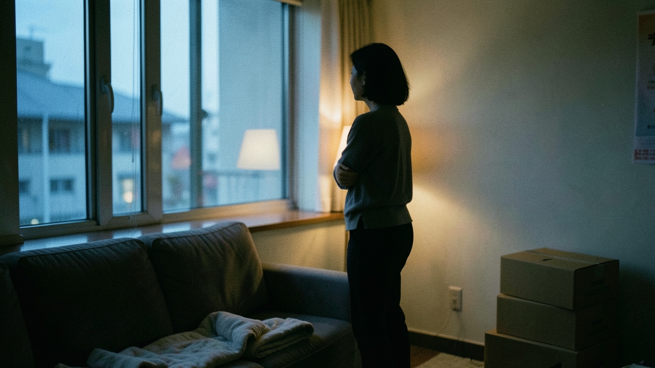 저녁 무렵 거실 창가에 서 있는 40대 여성의 뒷모습과 정리된 이삿짐 상자